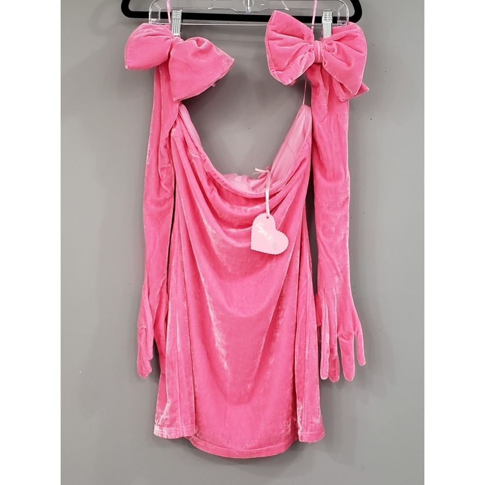 Sugar Thrillz Pink Velvet Bodycon Strapless Mini Dress Long Bow Gloves XL NEW